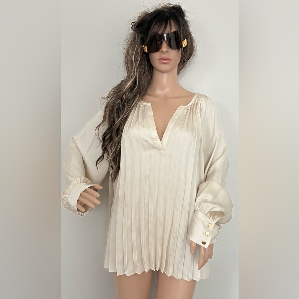 INC International Concepts Cream Pleated V-Neck Tunic